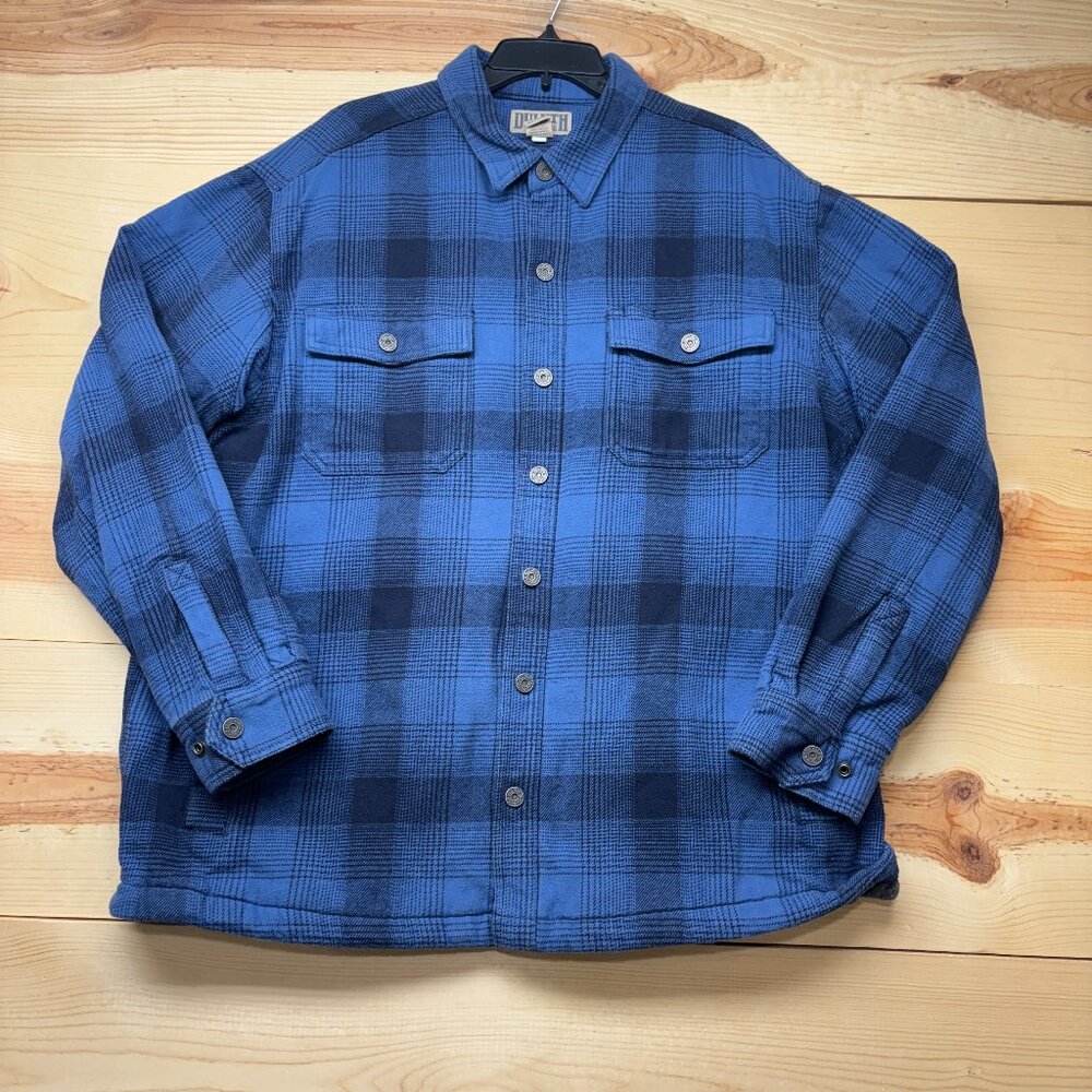 Duluth Trading Jacket XL Blue Flannel Flapjack Fleece Lined Relaxed Shirt Jac